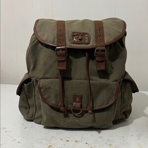 Olive Green Canvas Backpack with Brown Accents